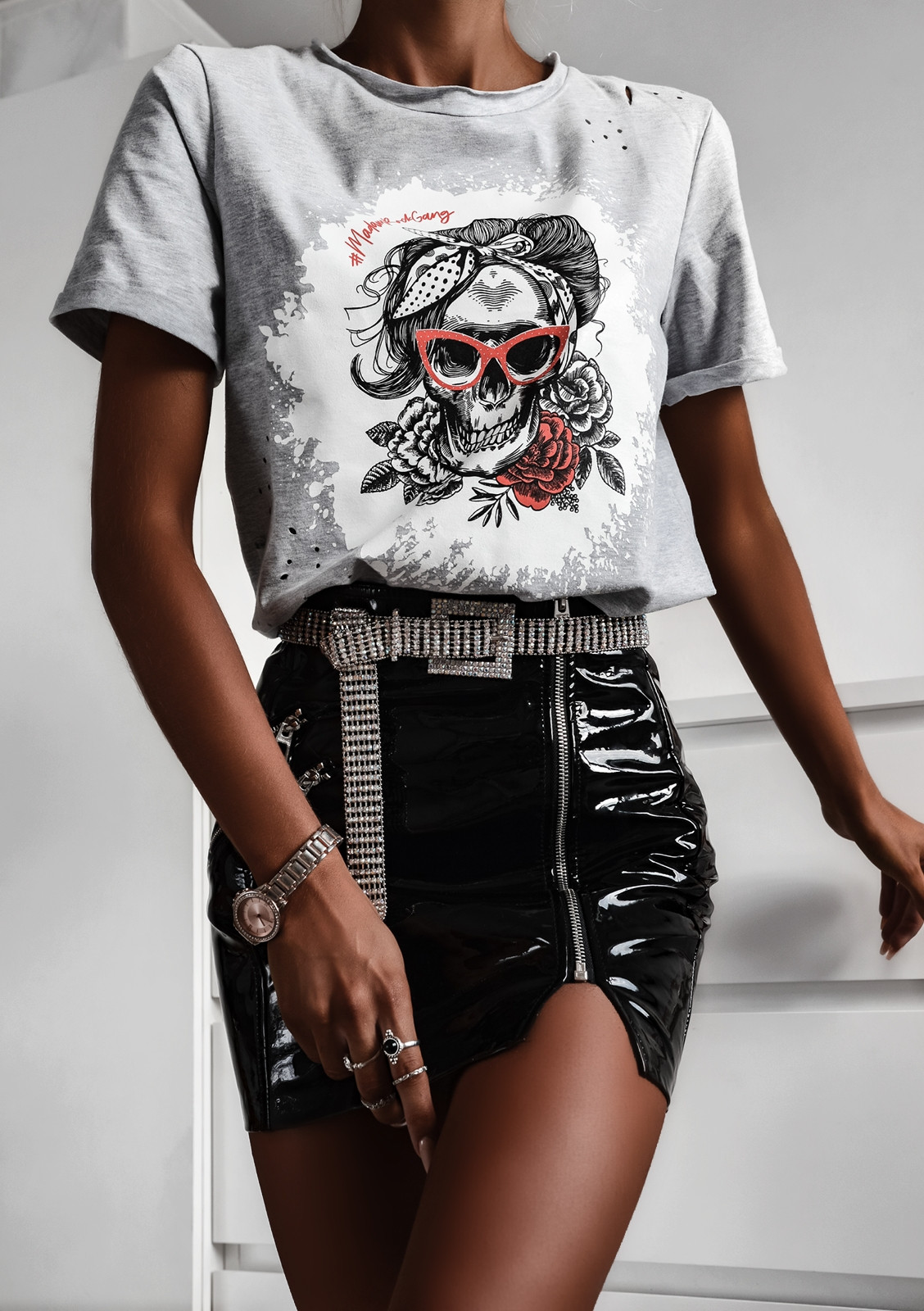 T-shirt bawełniany Madam Rock Gang szary melanż