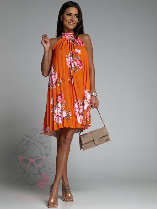 Sukienka plisowana Euforia w kwiaty pomarańczowa