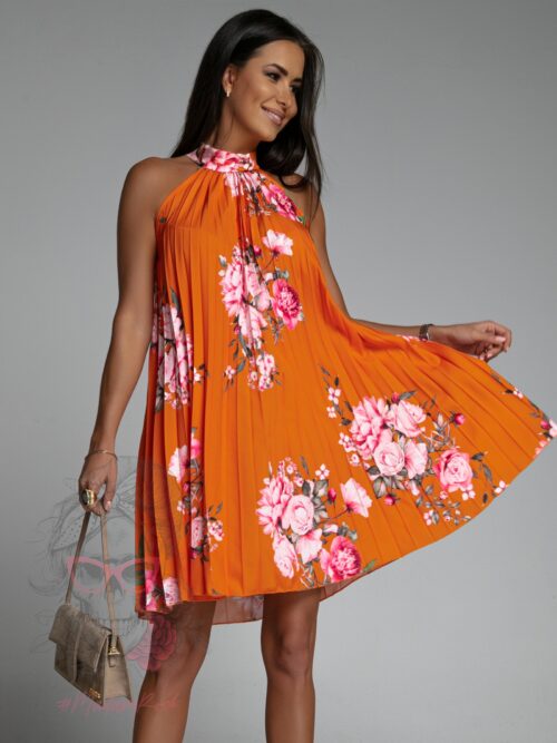 Sukienka plisowana Euforia w kwiaty pomarańczowa