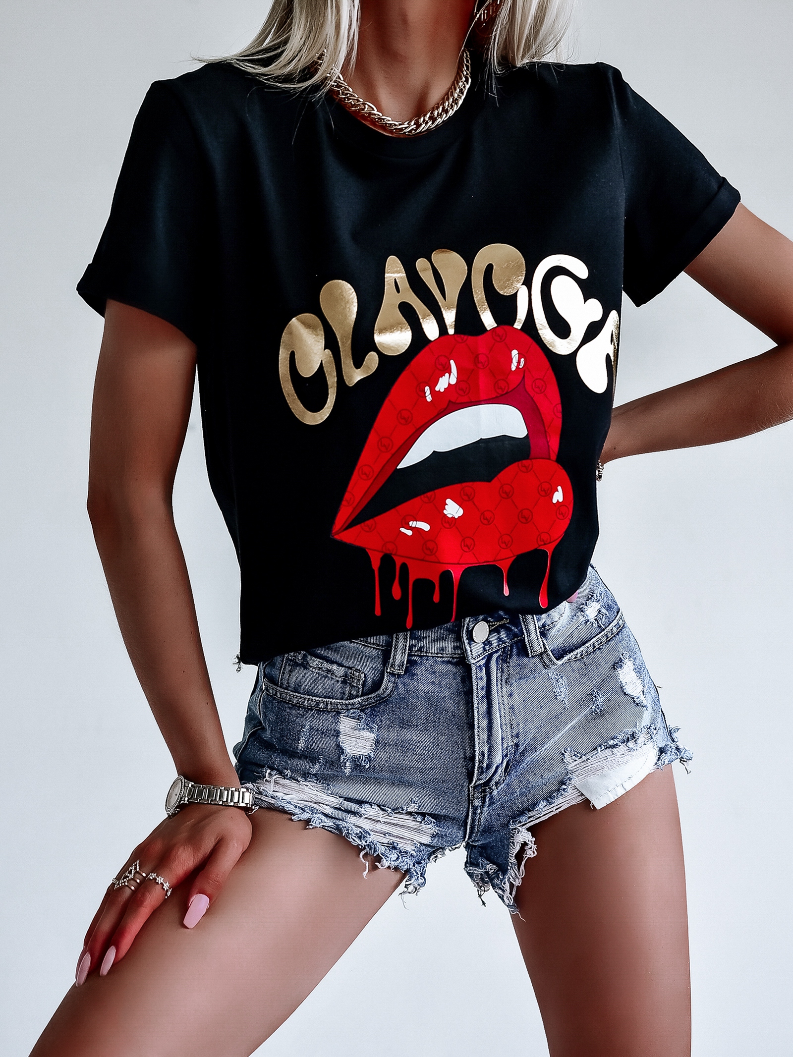T-shirt oversize Red Lips O'la Voga czarny