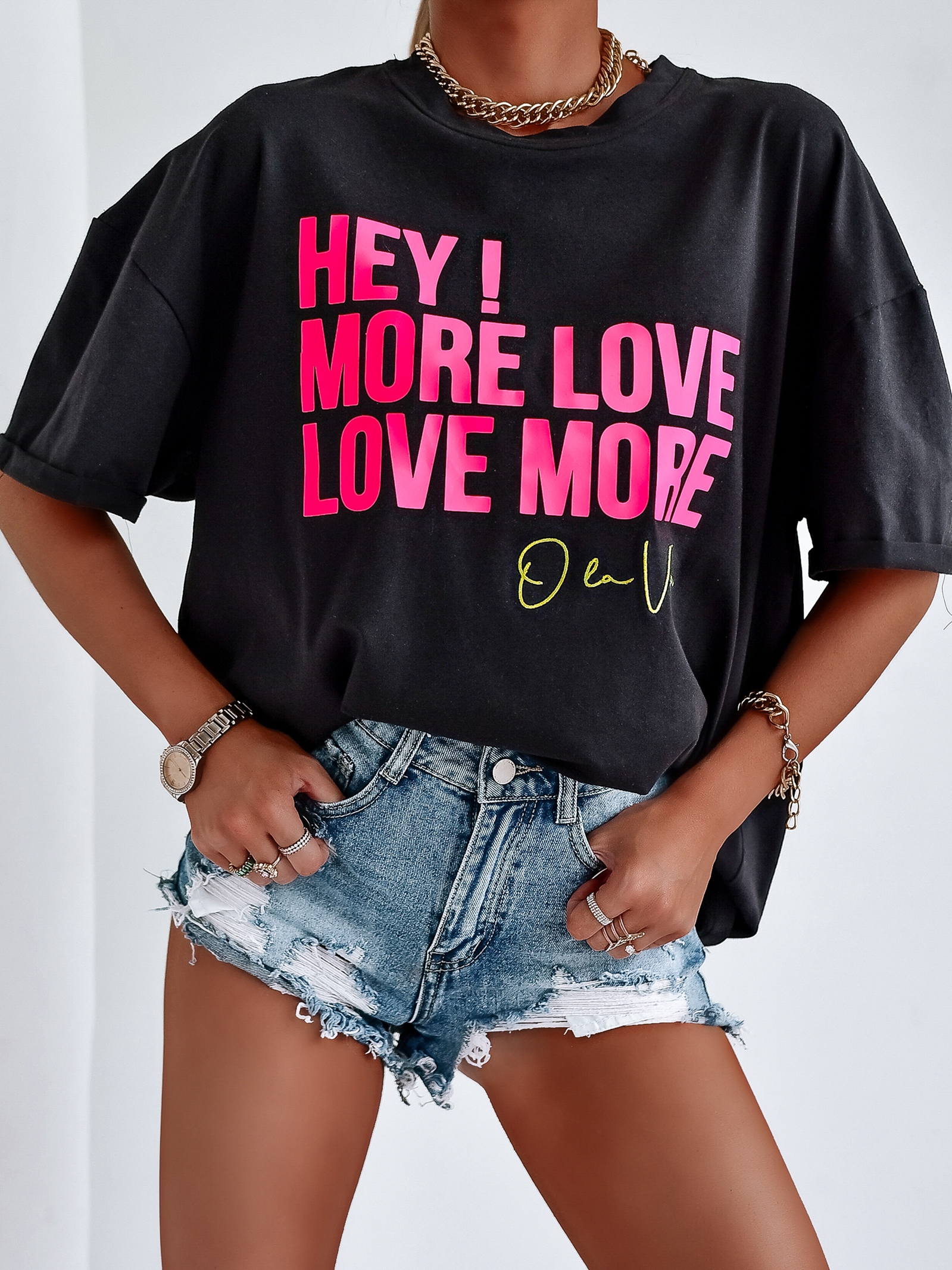 T-shirt oversize Love More O'La Voga czarny vs neonowy róż