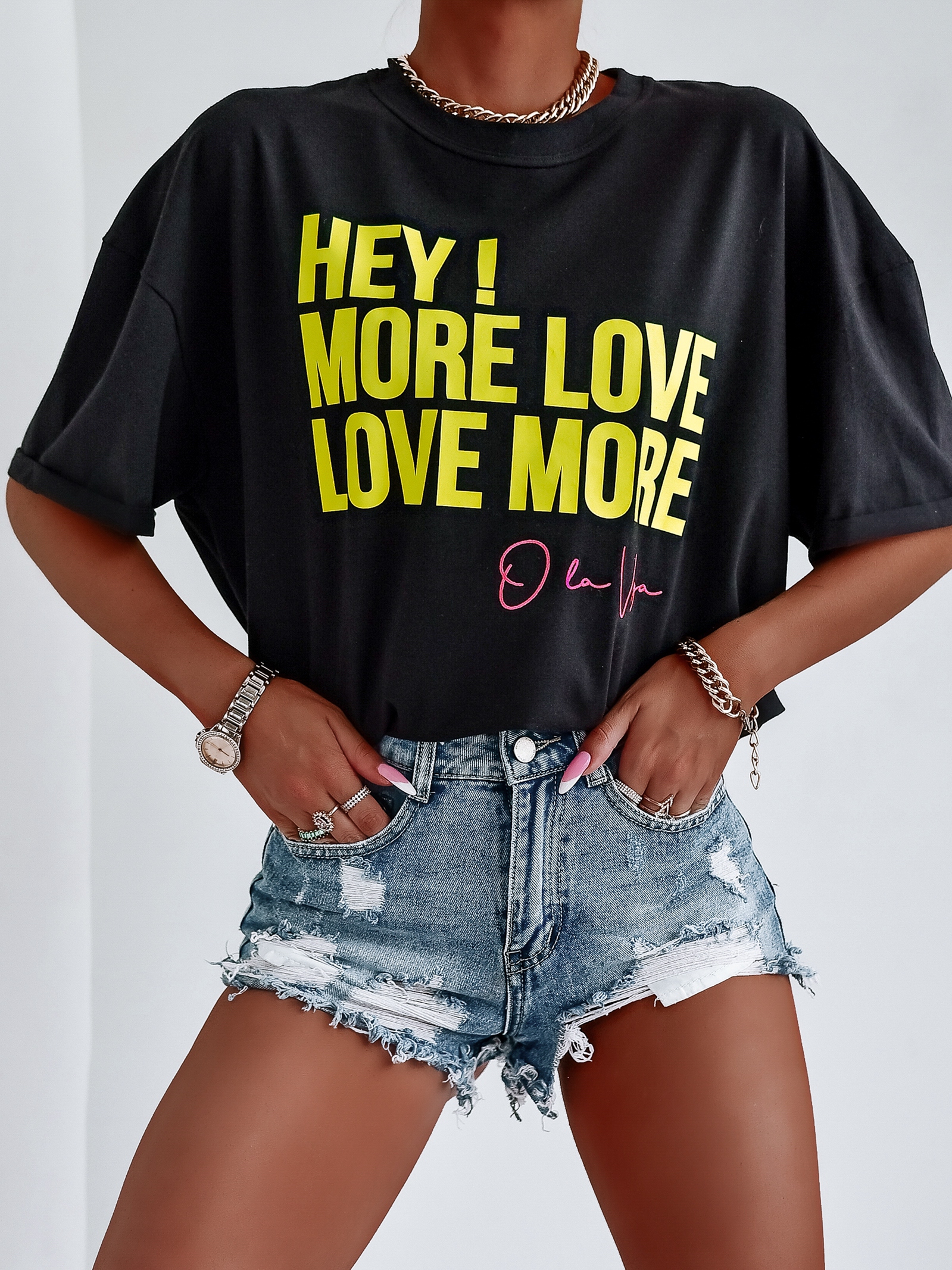 T-shirt oversize Love More O'La Voga czarny vs limonka