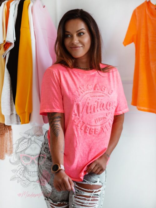 T-shirt bawełniany Vintage Fox koralowy neonowy