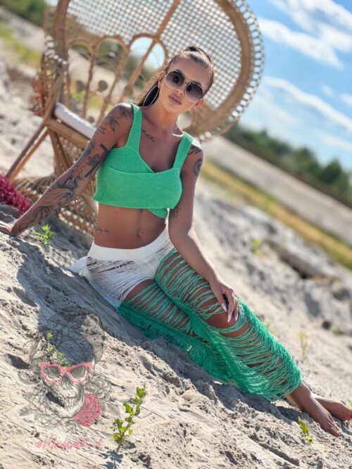 Spodnie sznurkowe z frędzlami Catch ecru-zielone