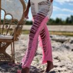 Spodnie sznurkowe z frędzlami Catch ecru-różowe