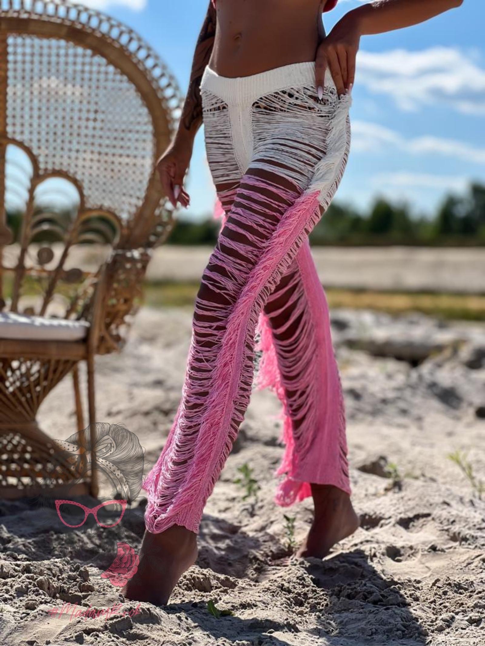 Spodnie sznurkowe z frędzlami Catch ecru-różowe Spodnie sznurkowe z frędzlami Catch ecru-różowe