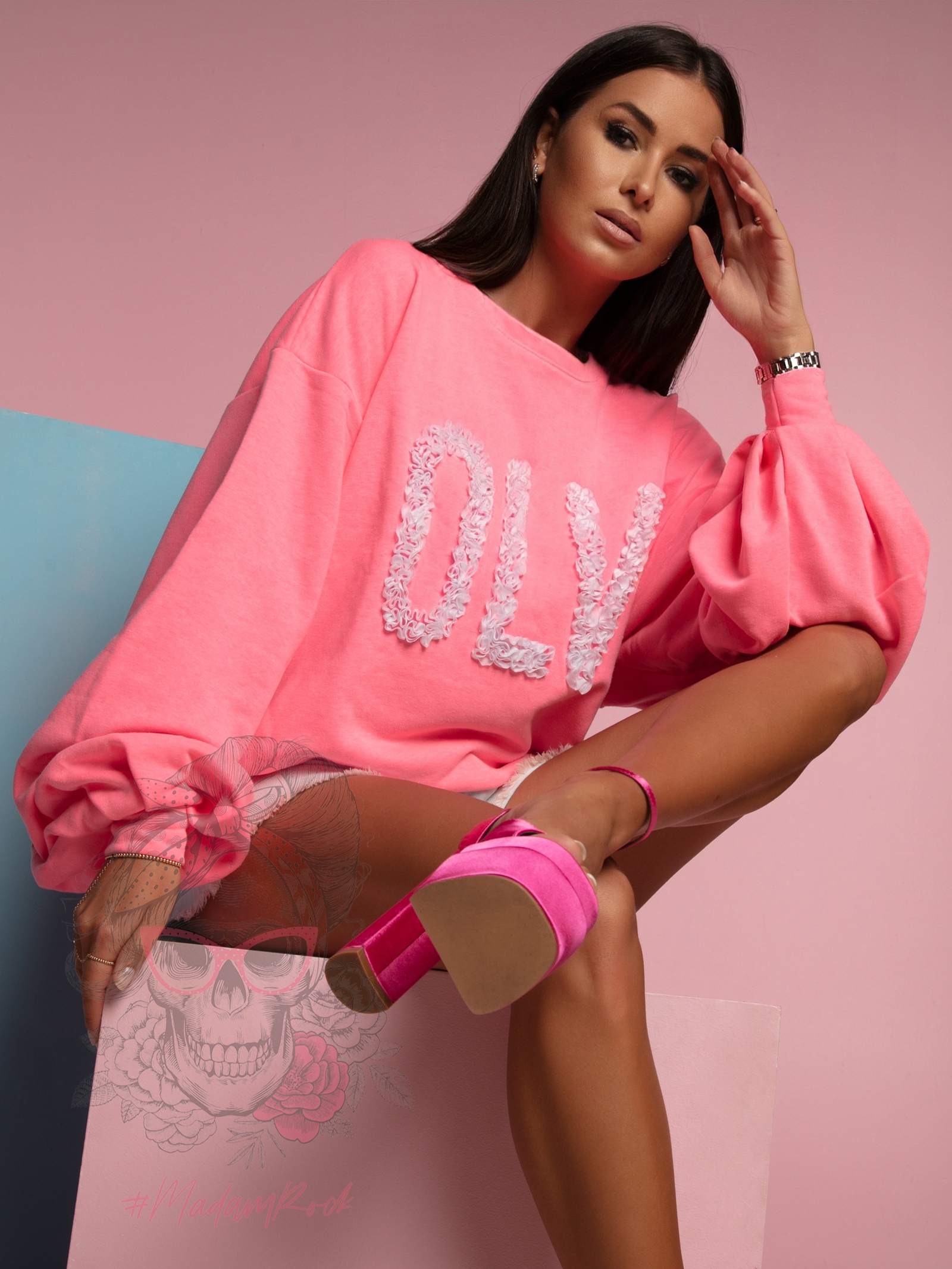 Bluza oversize Flower OLA VOGA neonowy róż