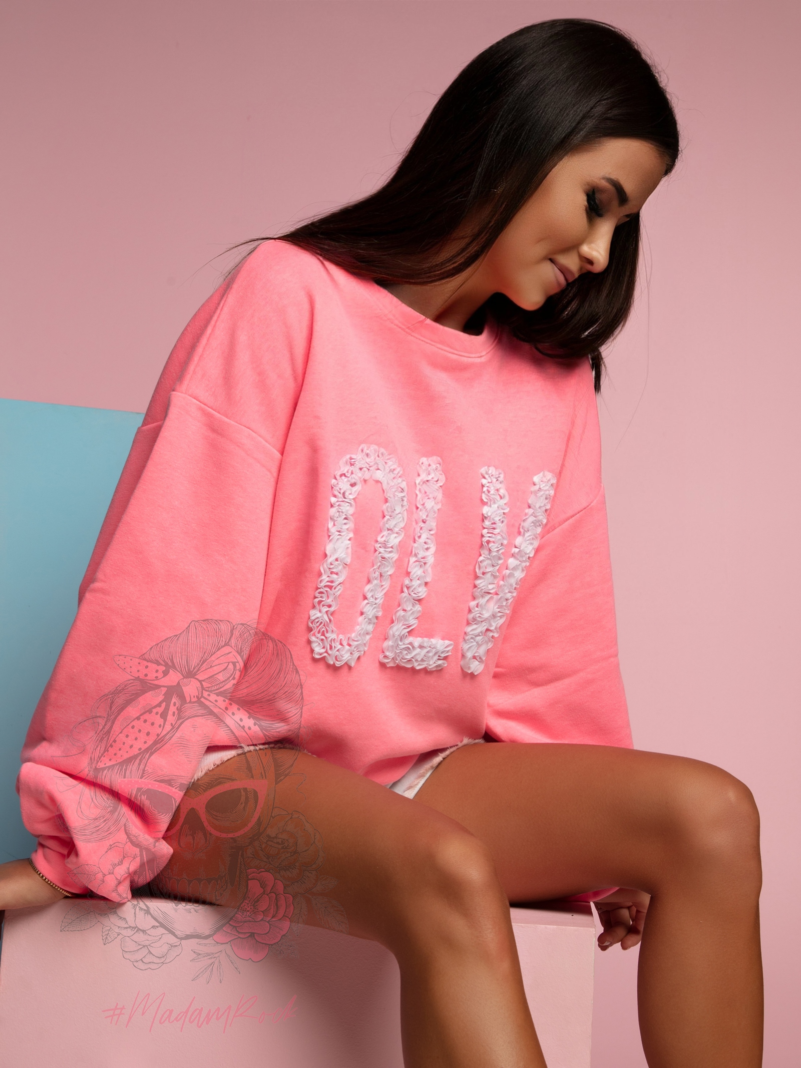 Bluza oversize Flower OLA VOGA neonowy róż