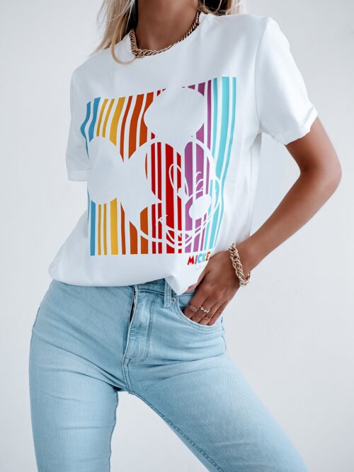 T-shirt z nadrukiem Rainbow Mickey Ola Voga ecru