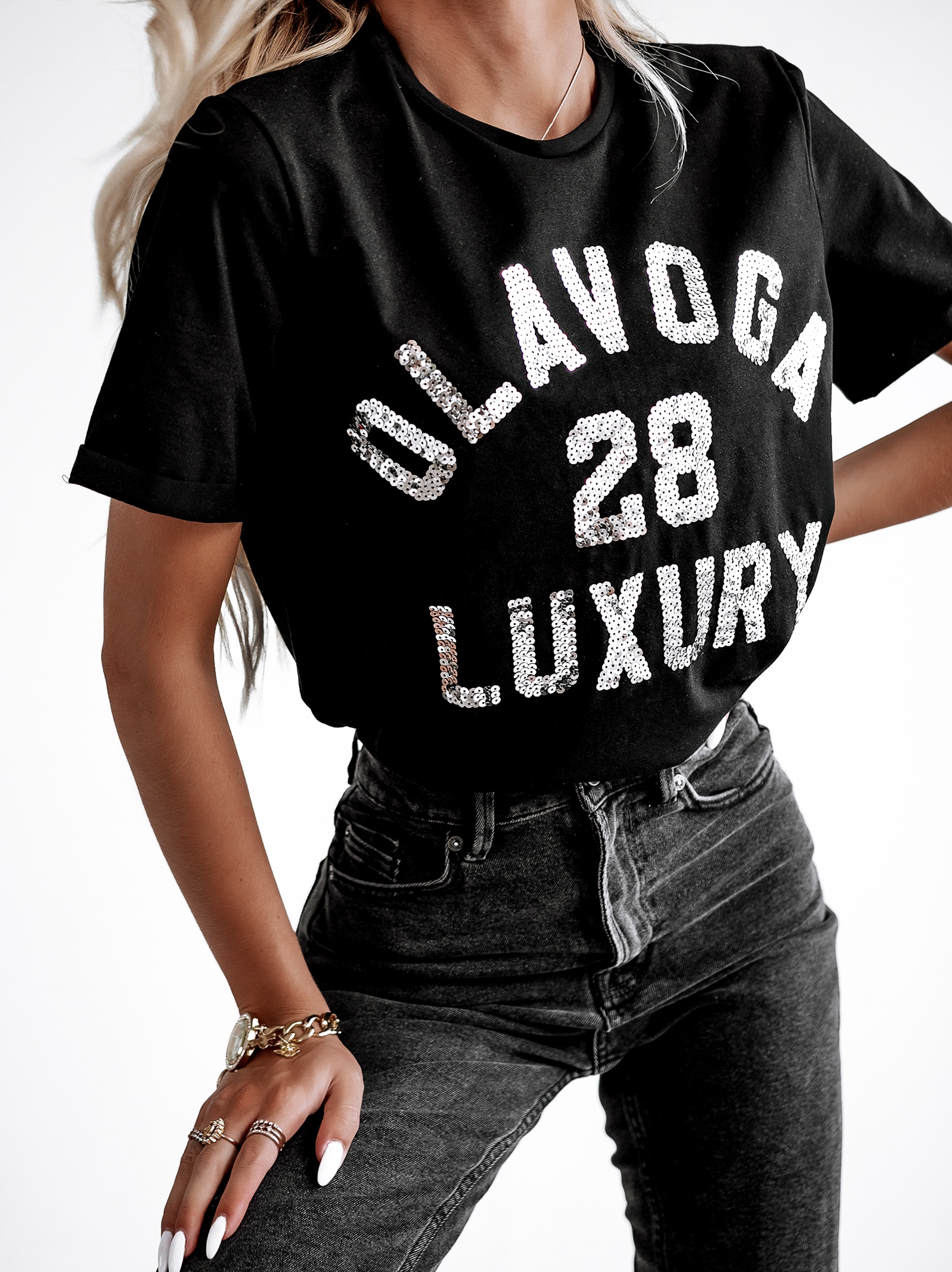 T-shirt z cekinami Luxury Sequins Ola Voga czarny
