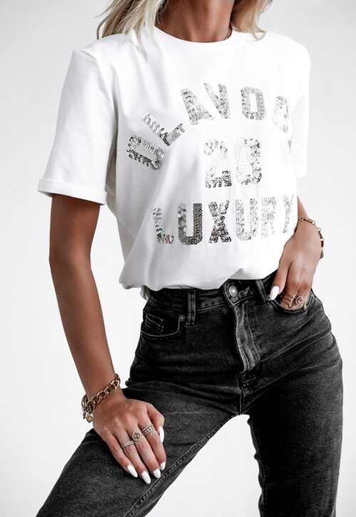 T-shirt z cekinami Luxury Sequins Ola Voga ecru