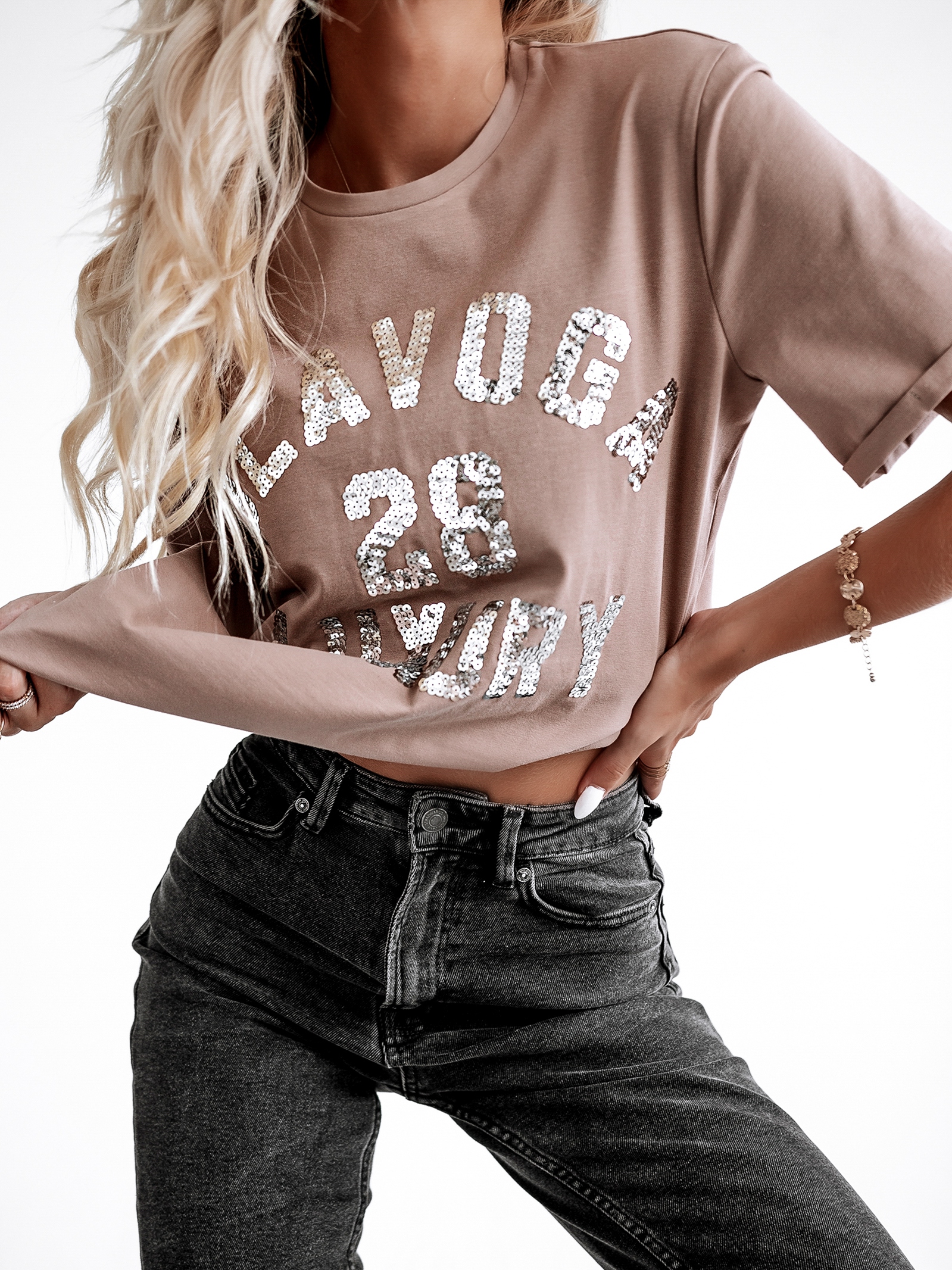 T-shirt z cekinami Luxury Sequins Ola Voga c. beż