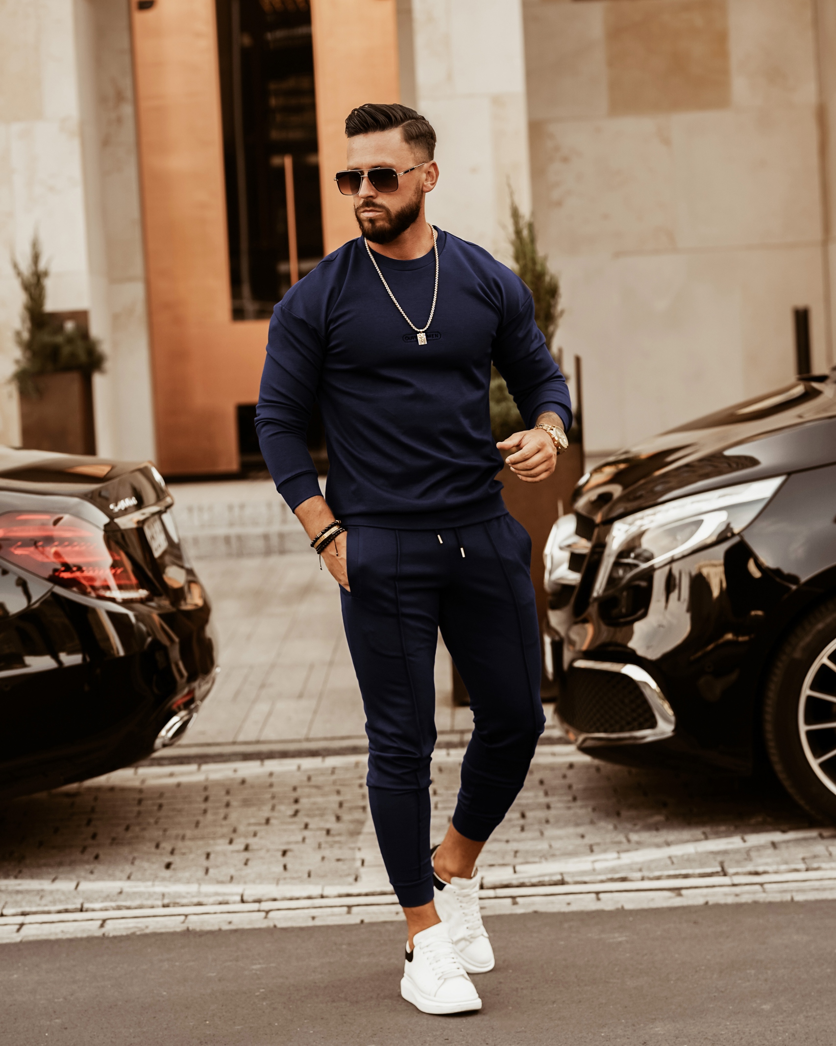 Komplet męski z haftem Boss Ola Voga granatowy