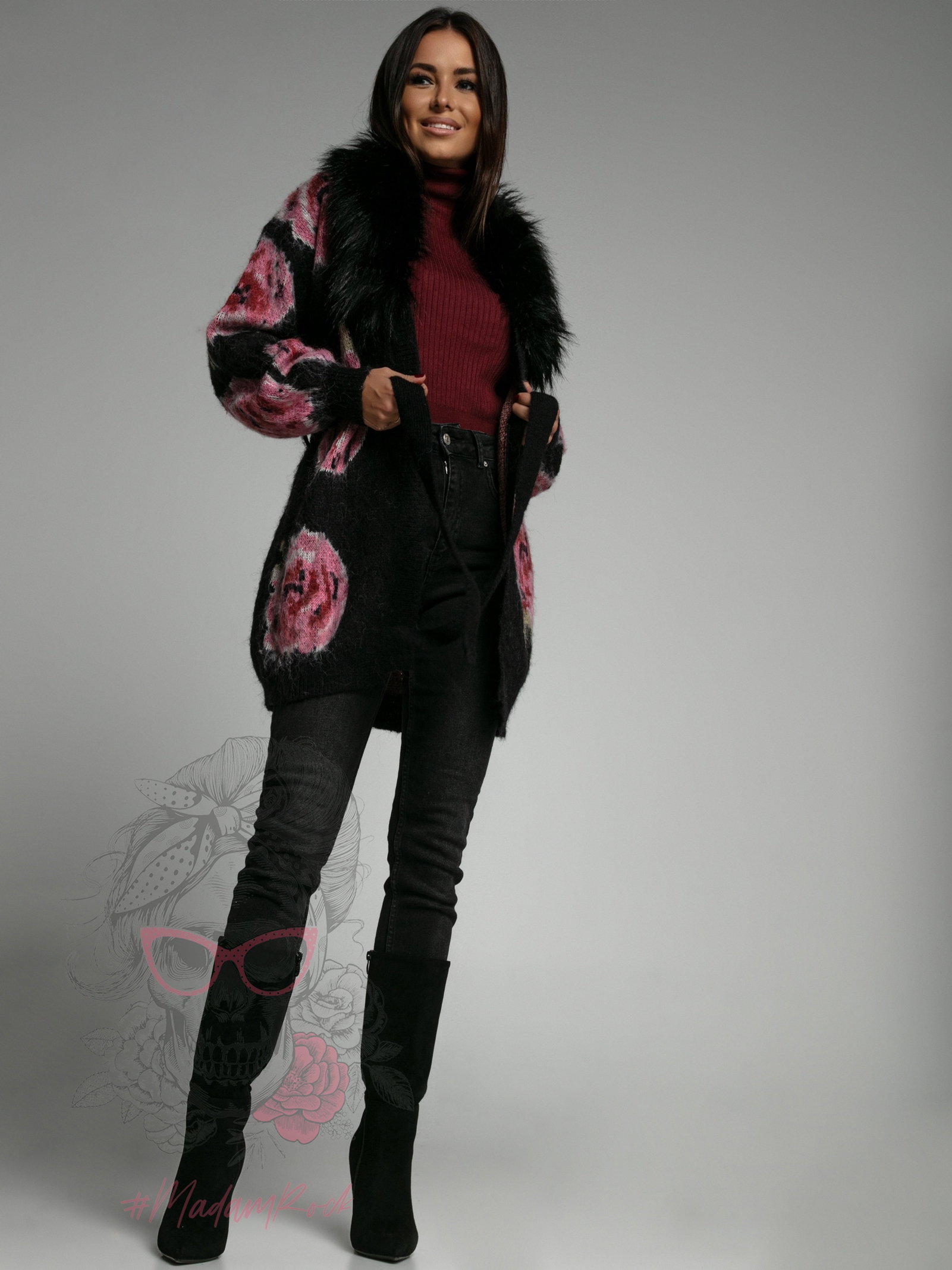 Kardigan z futerkiem Flowers czarny