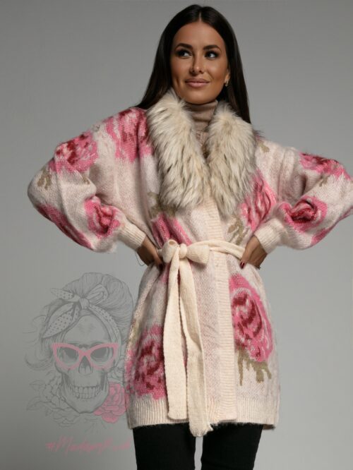 Kardigan z futerkiem Flowers beżowy