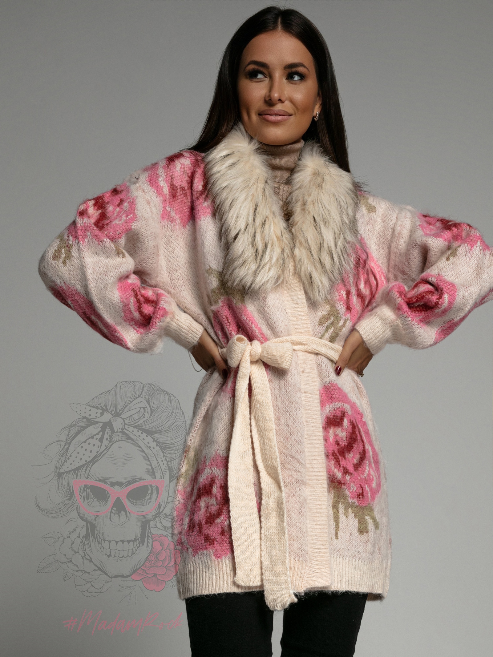 Kardigan z futerkiem Flowers beżowy