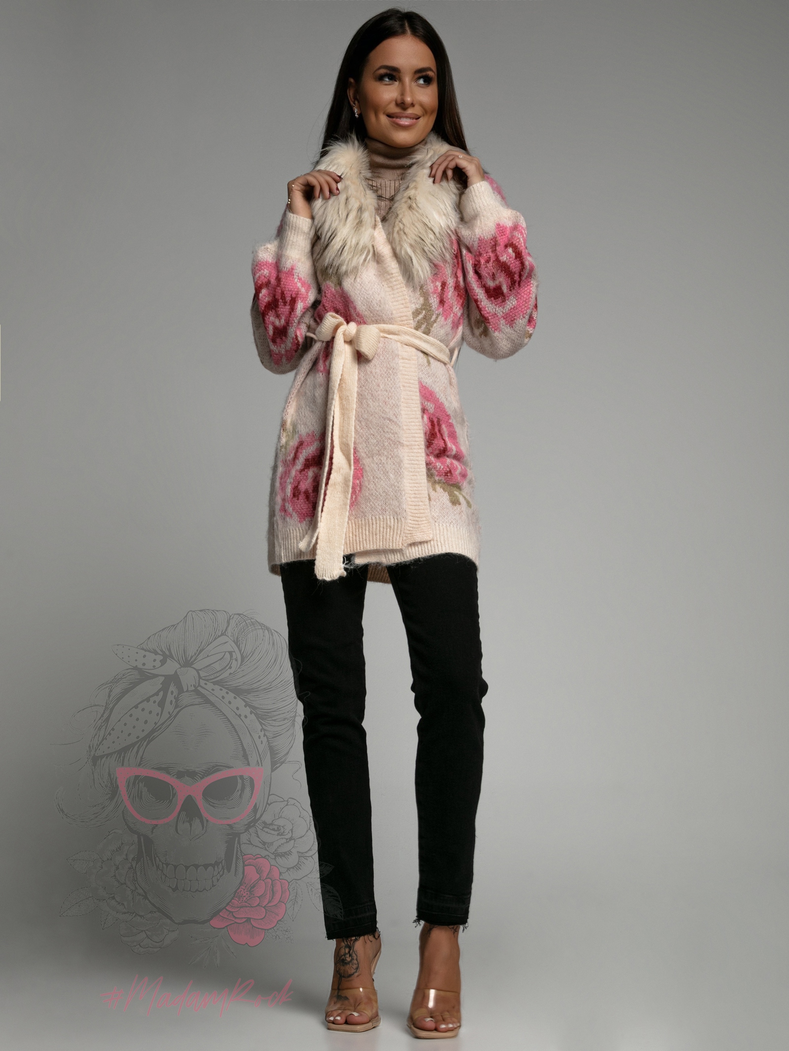 Kardigan z futerkiem Flowers beżowy