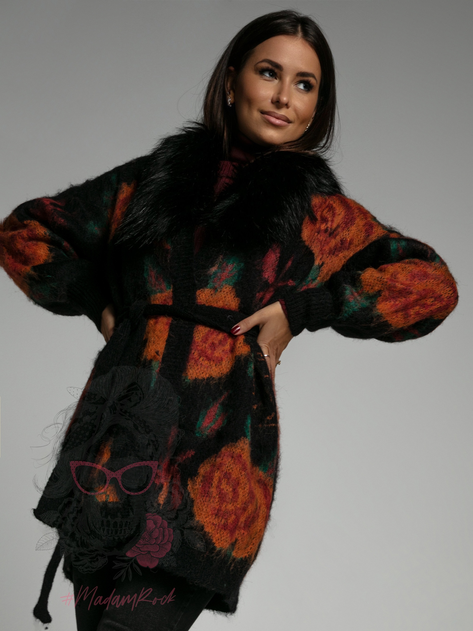 Kardigan z futerkiem Flowers II czarny