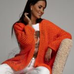 Sweter długi luźno pleciony Oppo pomarańczowy