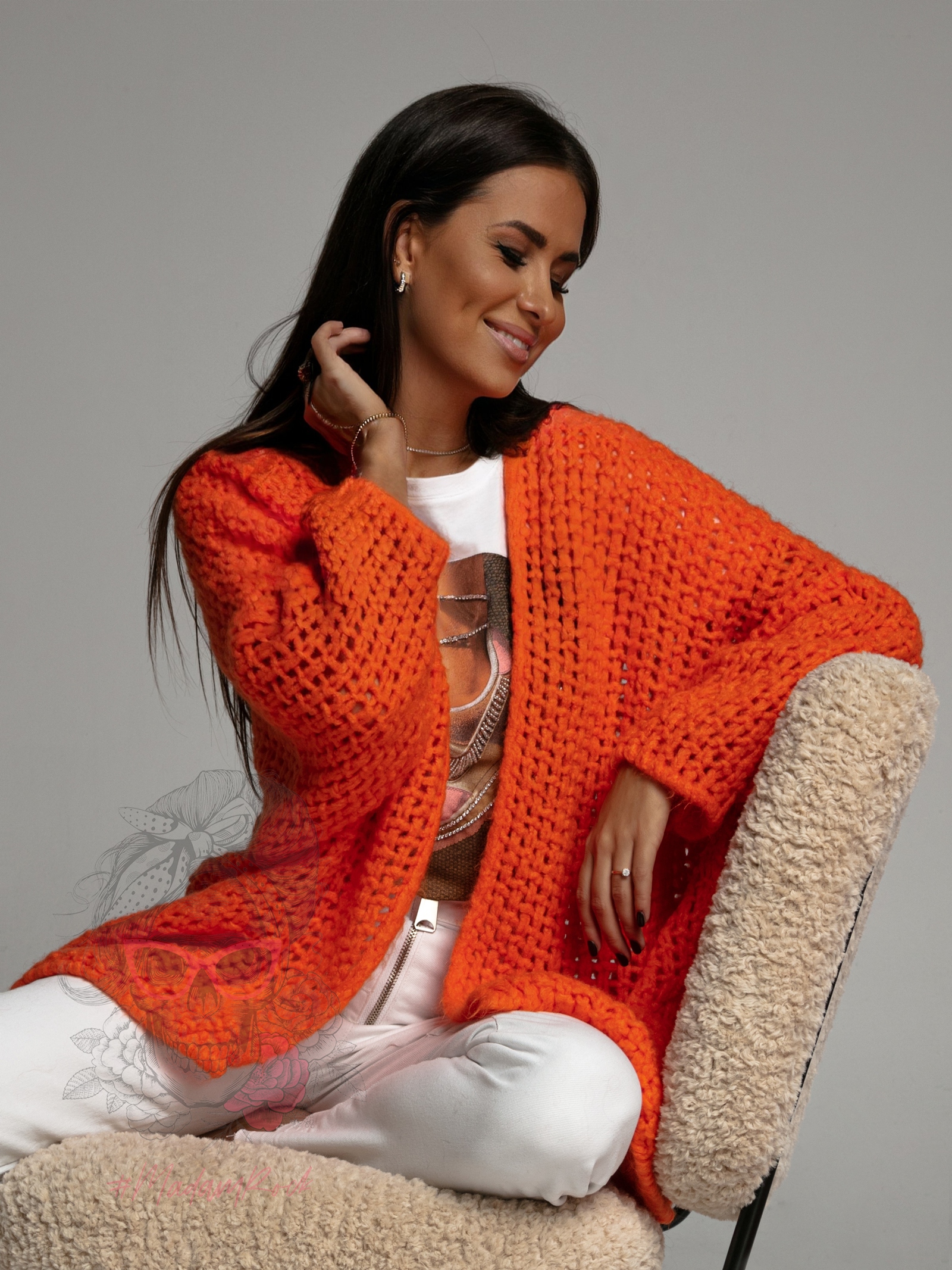 Sweter długi luźno pleciony Oppo pomarańczowy Sweter długi luźno pleciony Oppo pomarańczowy