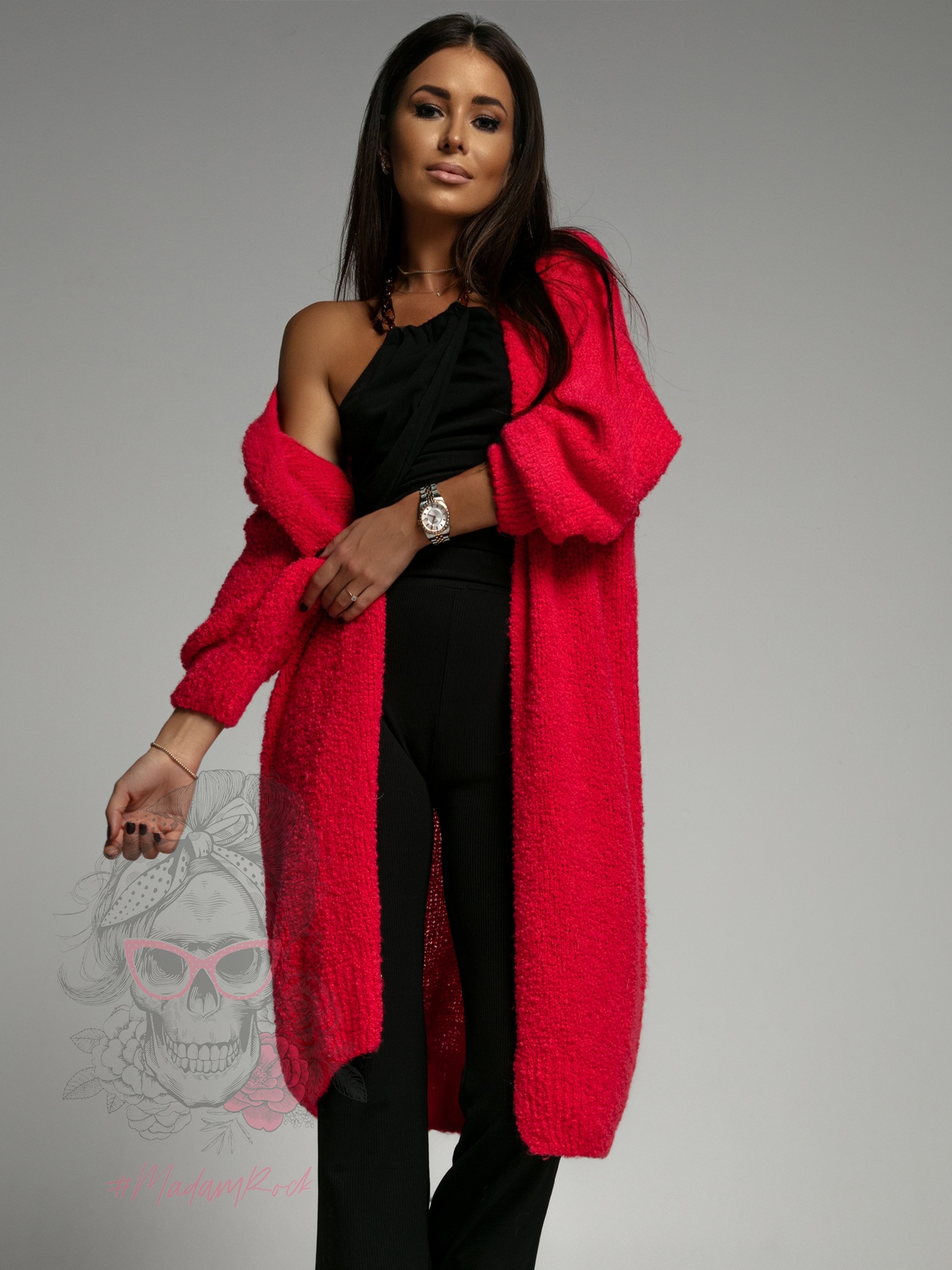 Kardigan długi supełkowy Bifo malinowy