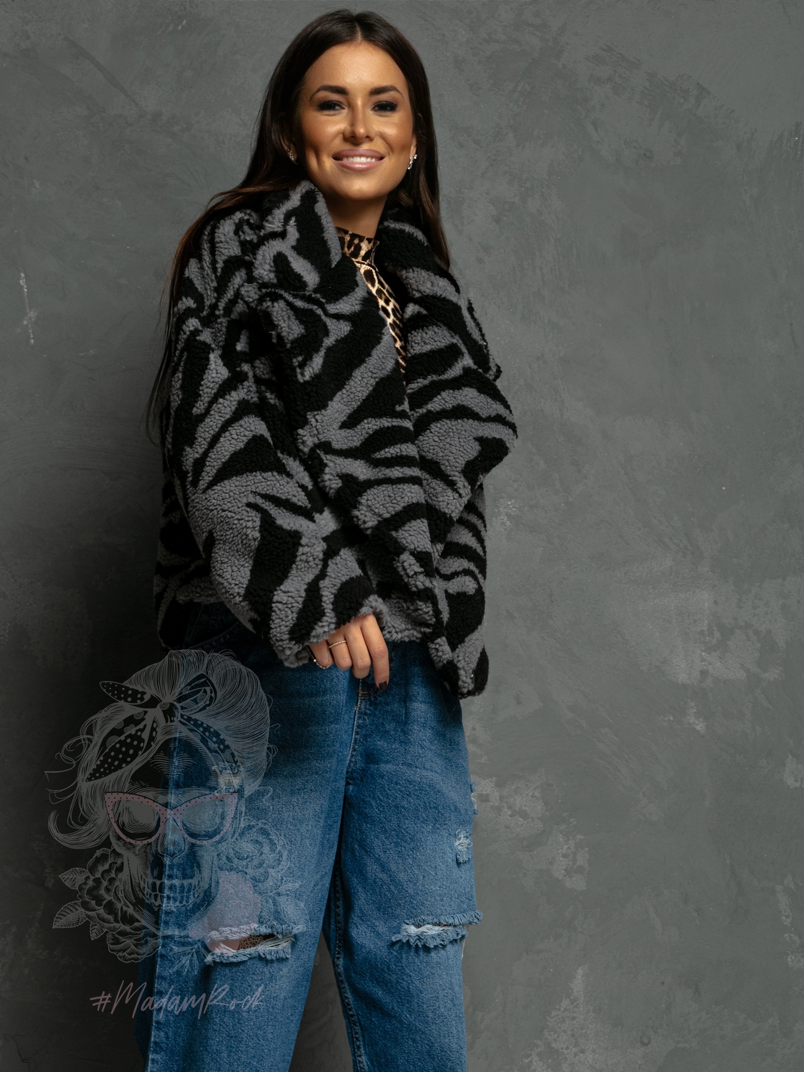 Kurtka wzorzysta z misia Ola Voga Zebra szaro-czarna