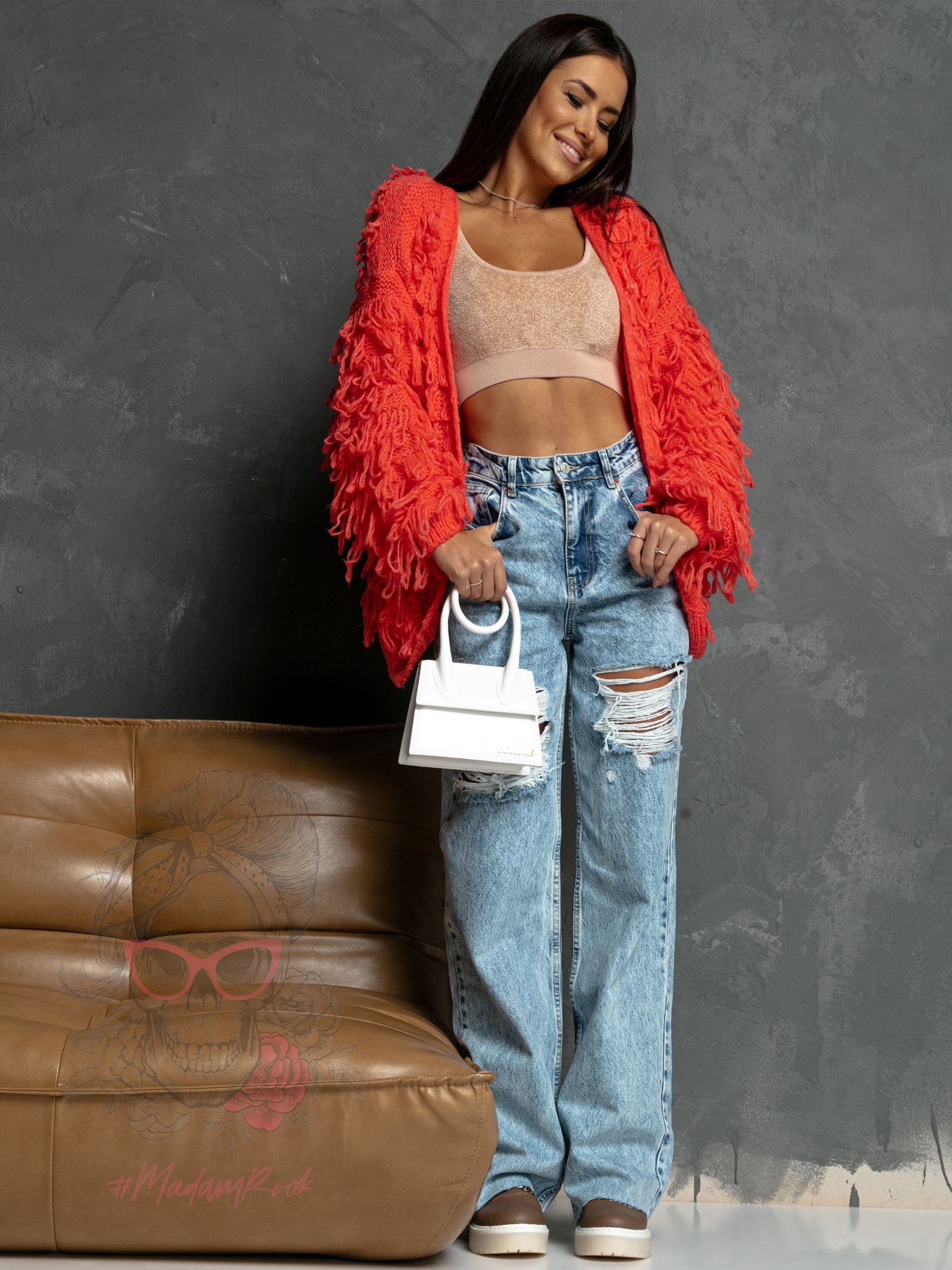 Sweter z frędzlami Marshi koralowy