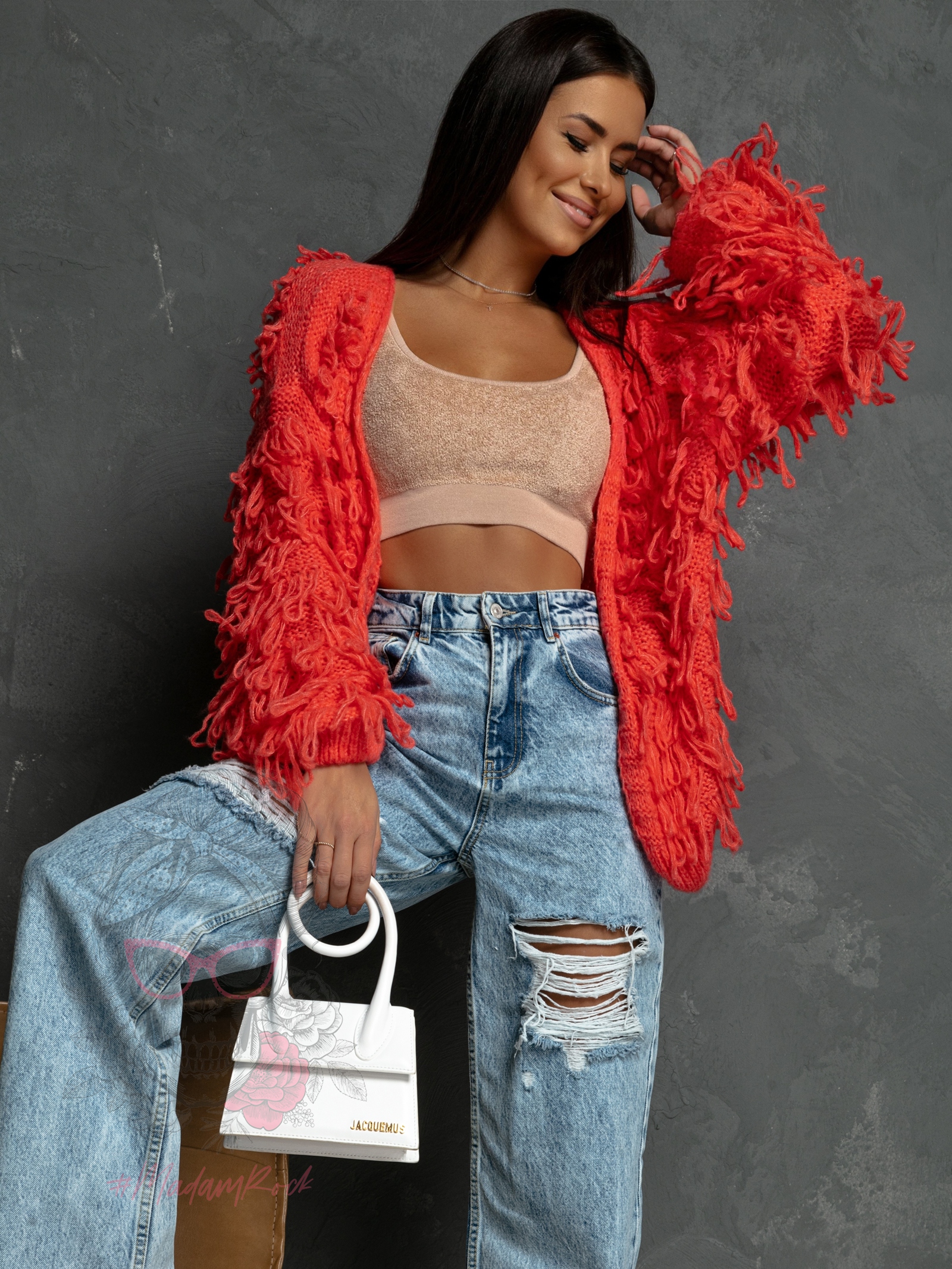 Sweter z frędzlami Marshi koralowy