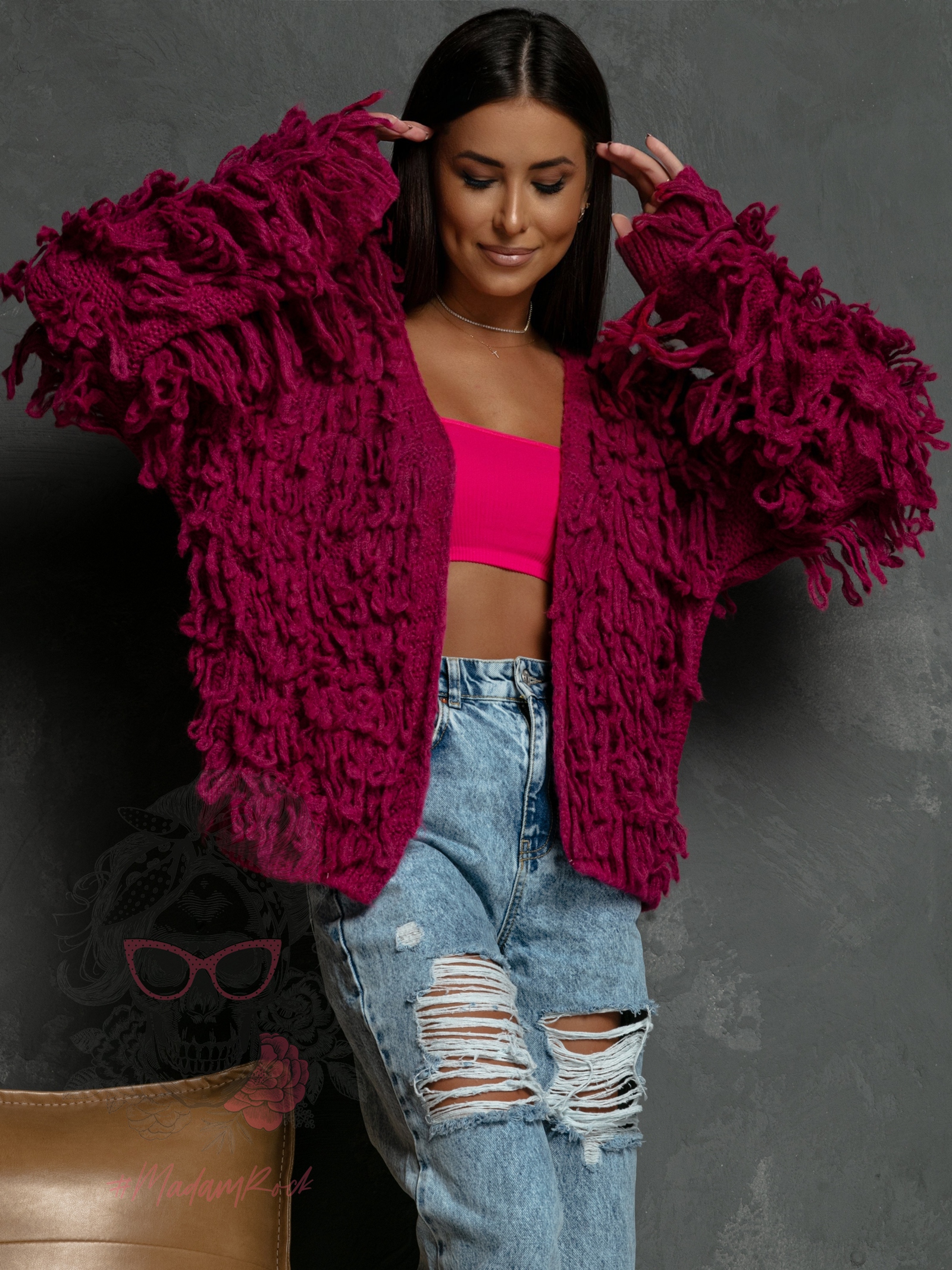 Sweter z frędzlami Marshi amarant