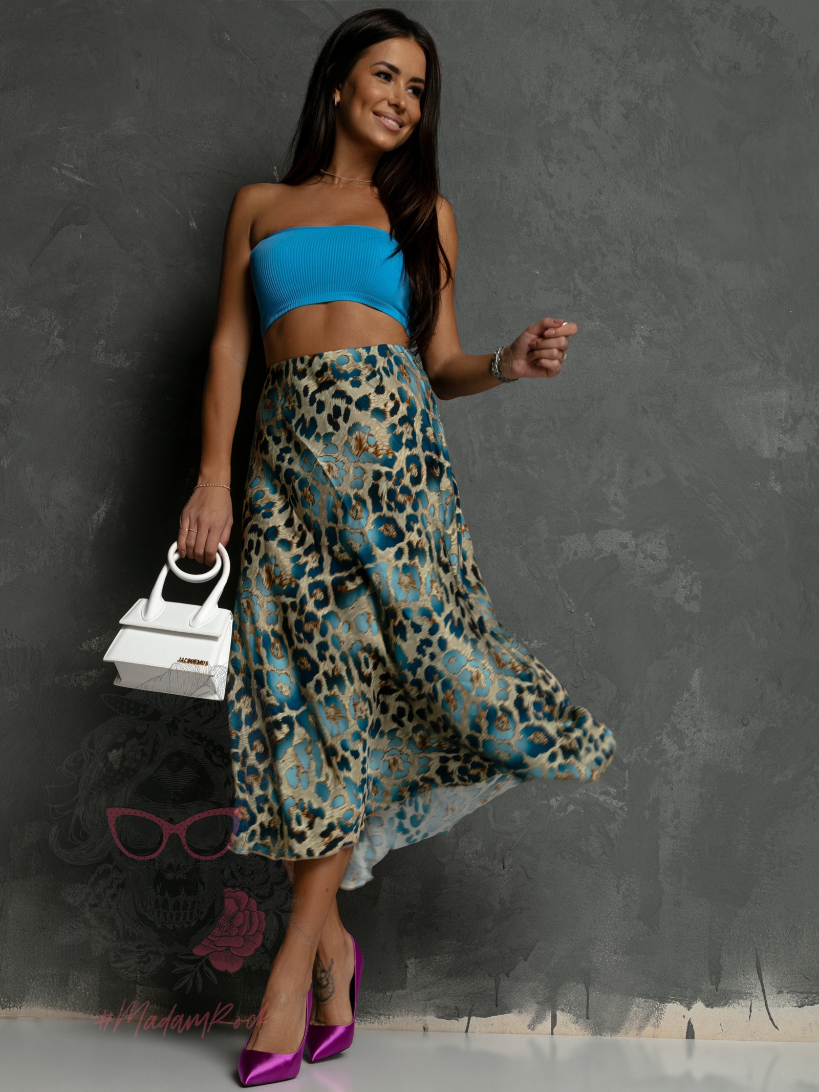 Spódnica satynowa Melodia w panterkę niebieska Spódnica satynowa Melodia w panterkę niebieska