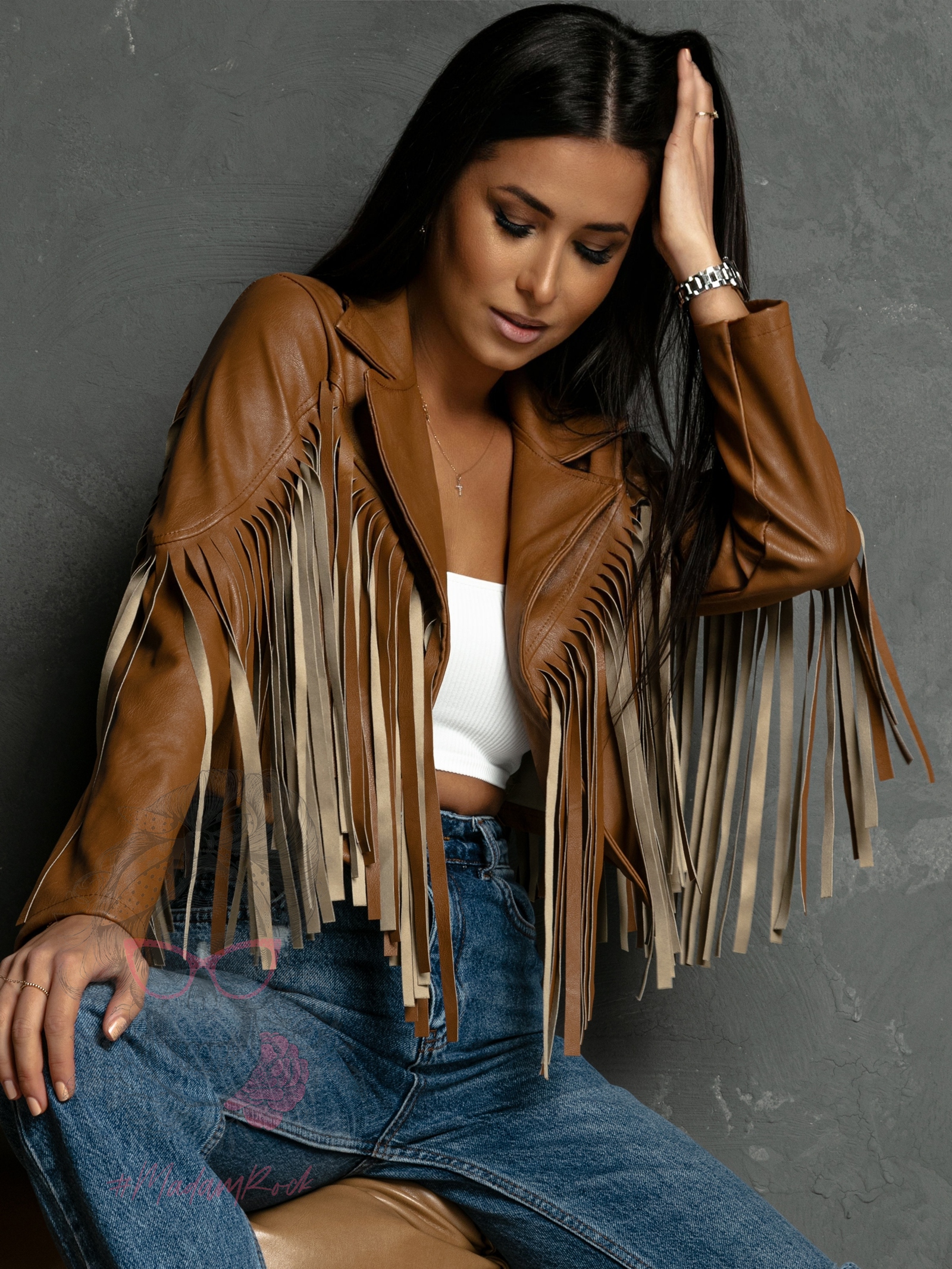 Kurtka z frędzlami Yogi skórzana karmelowa