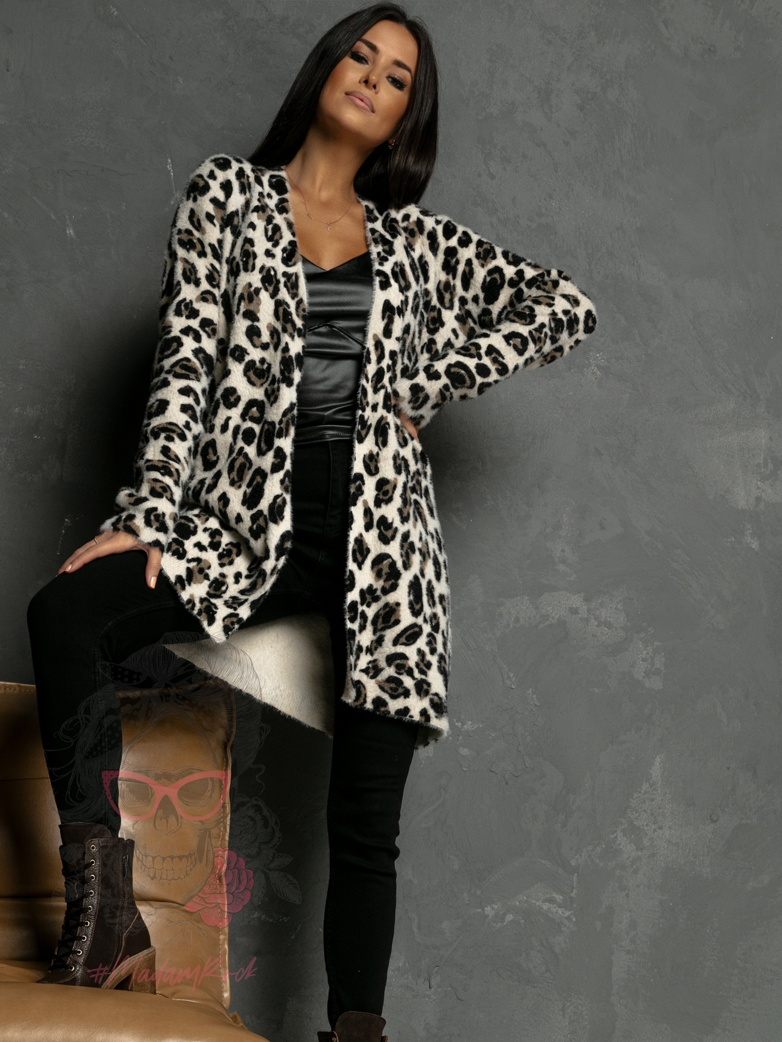 Kardigan moherowy Oszeli I panterka beż