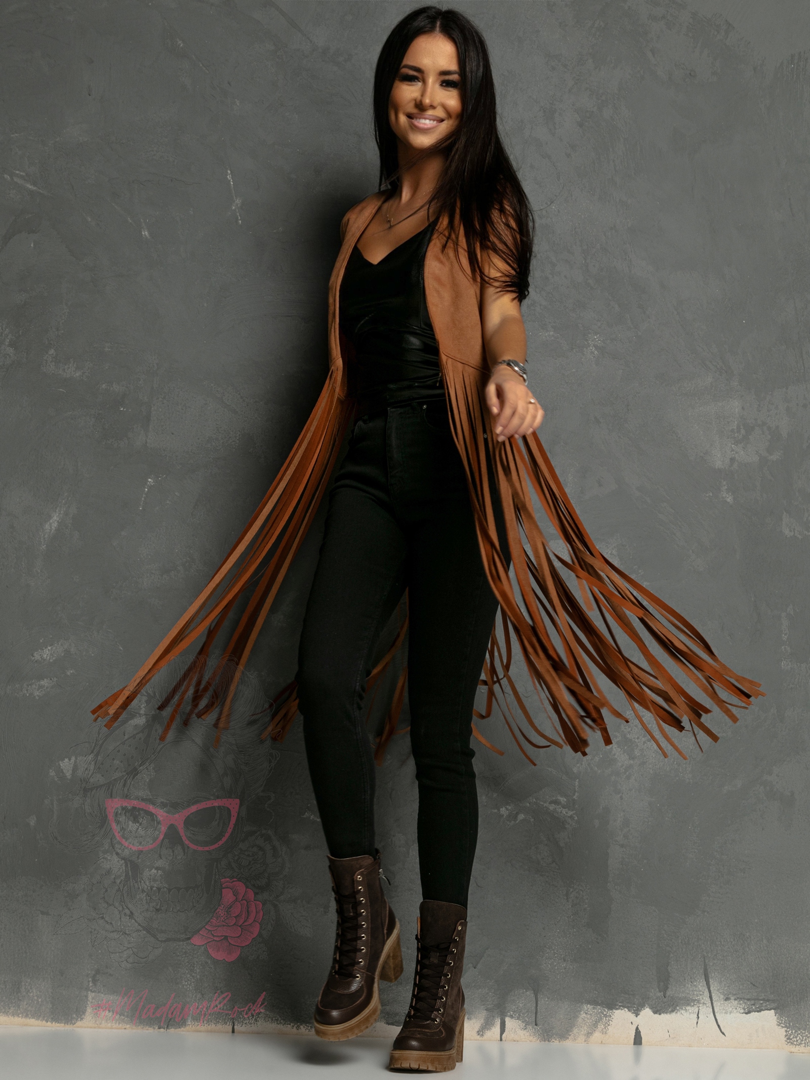 Kamizelka z frędzlami Hilps karmelowa Kamizelka z frędzlami Hilps karmelowa