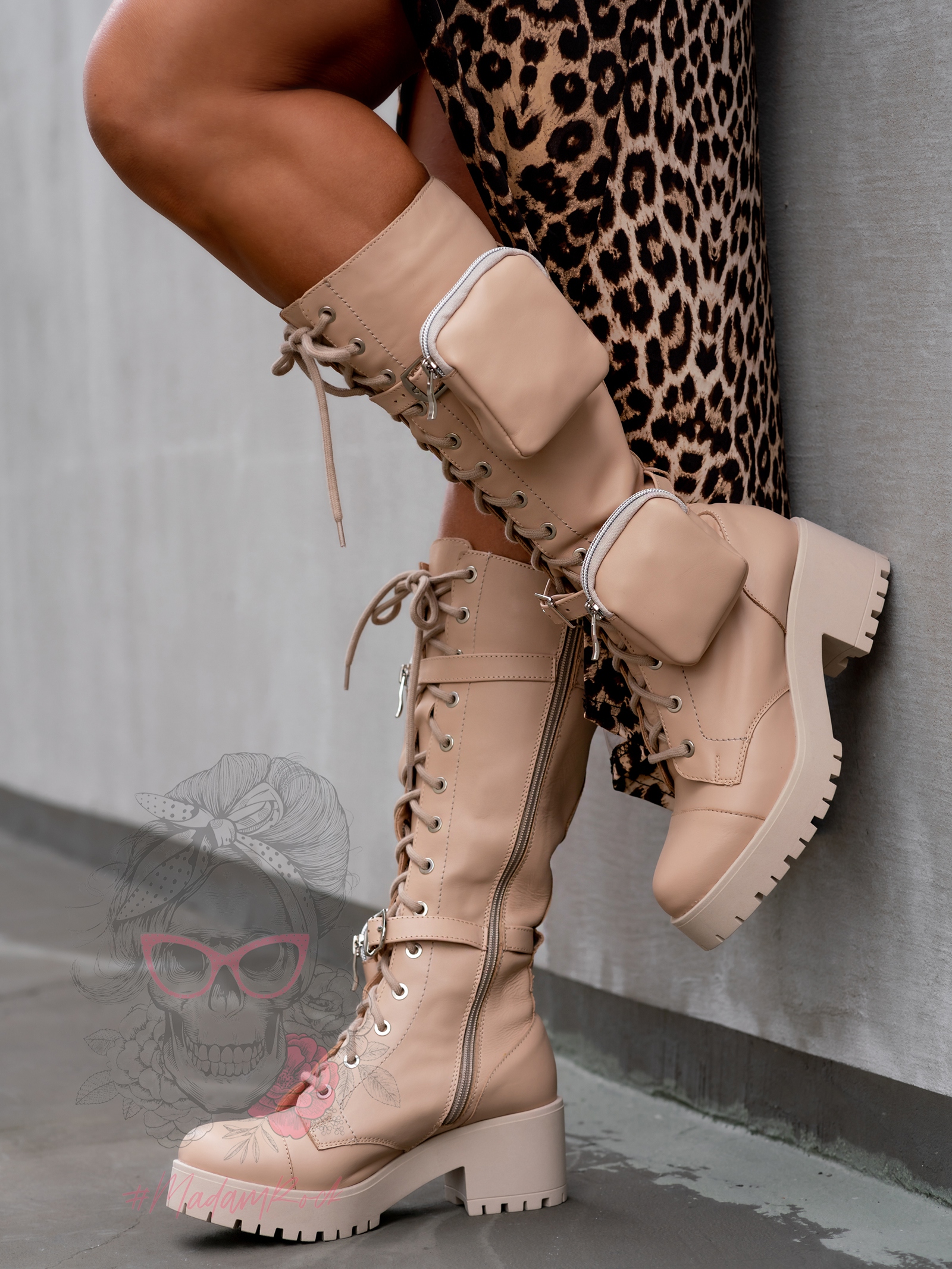 Workery skórzane z kieszeniami Cappe Long Rock beżowe