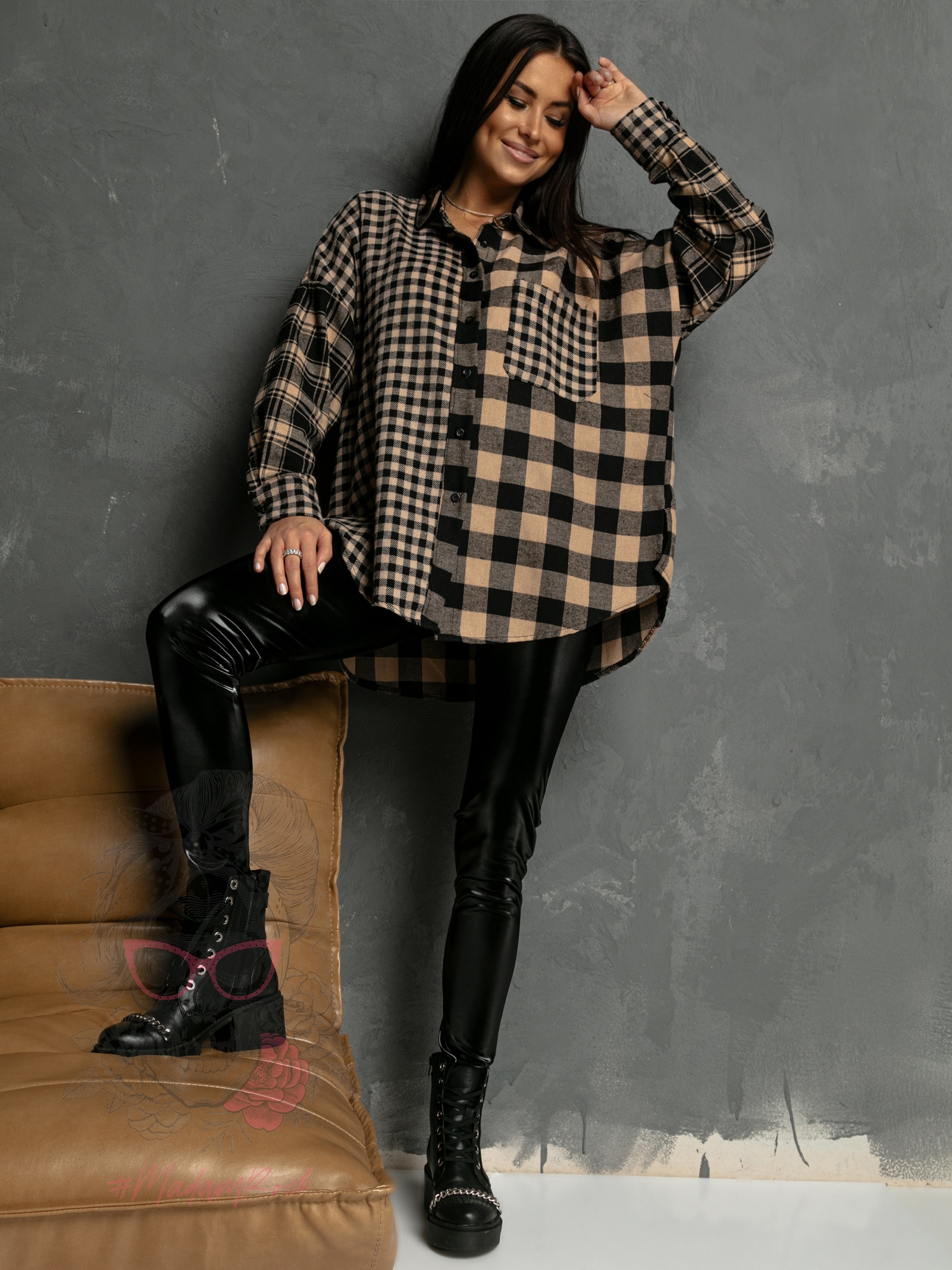 Koszula w kratę Madeira czarno-beżowa