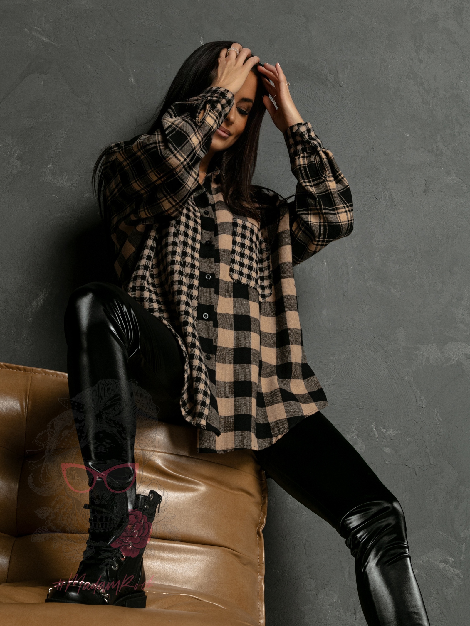 Koszula w kratę Madeira czarno-beżowa