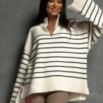 Sweter kaszmirowy w paski Lafito jasnobeżowy