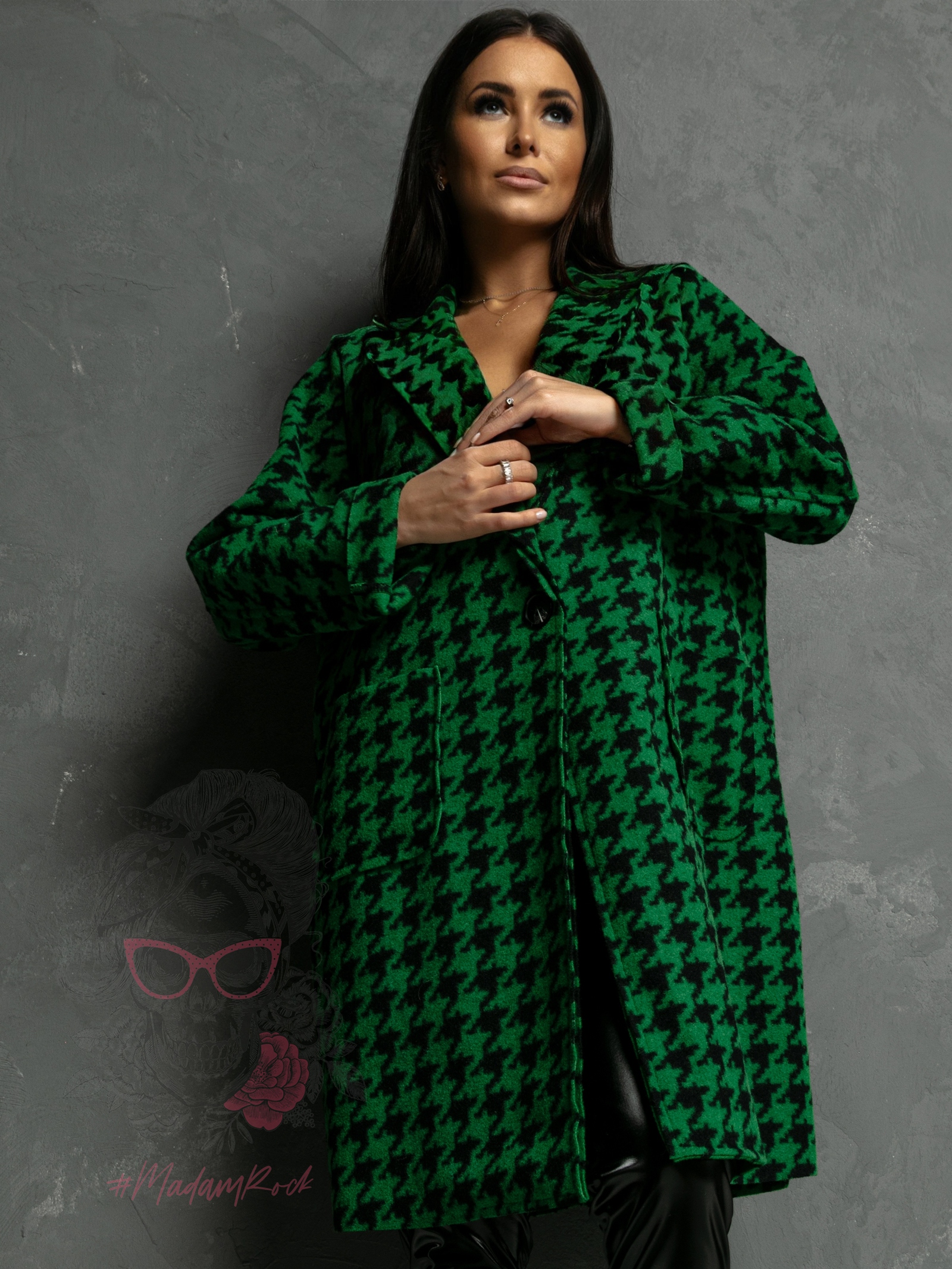 Płaszcz flauszowy Zumen w pepitkę czarno-zielony