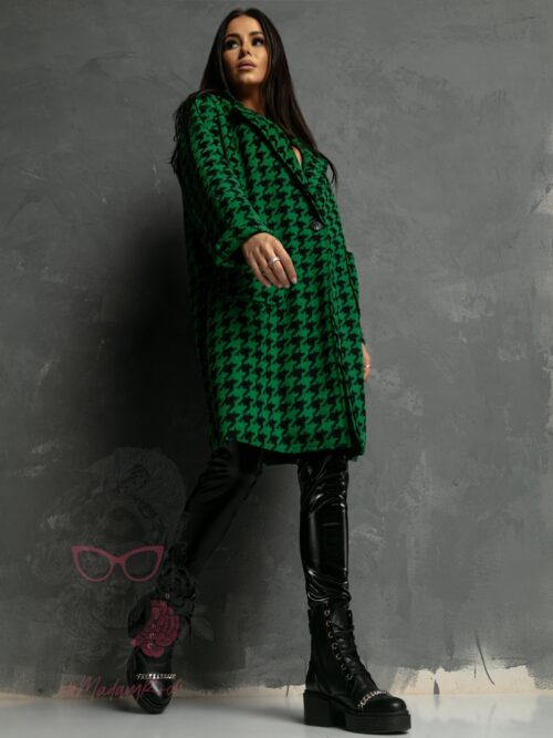 Płaszcz flauszowy Zumen w pepitkę czarno-zielony