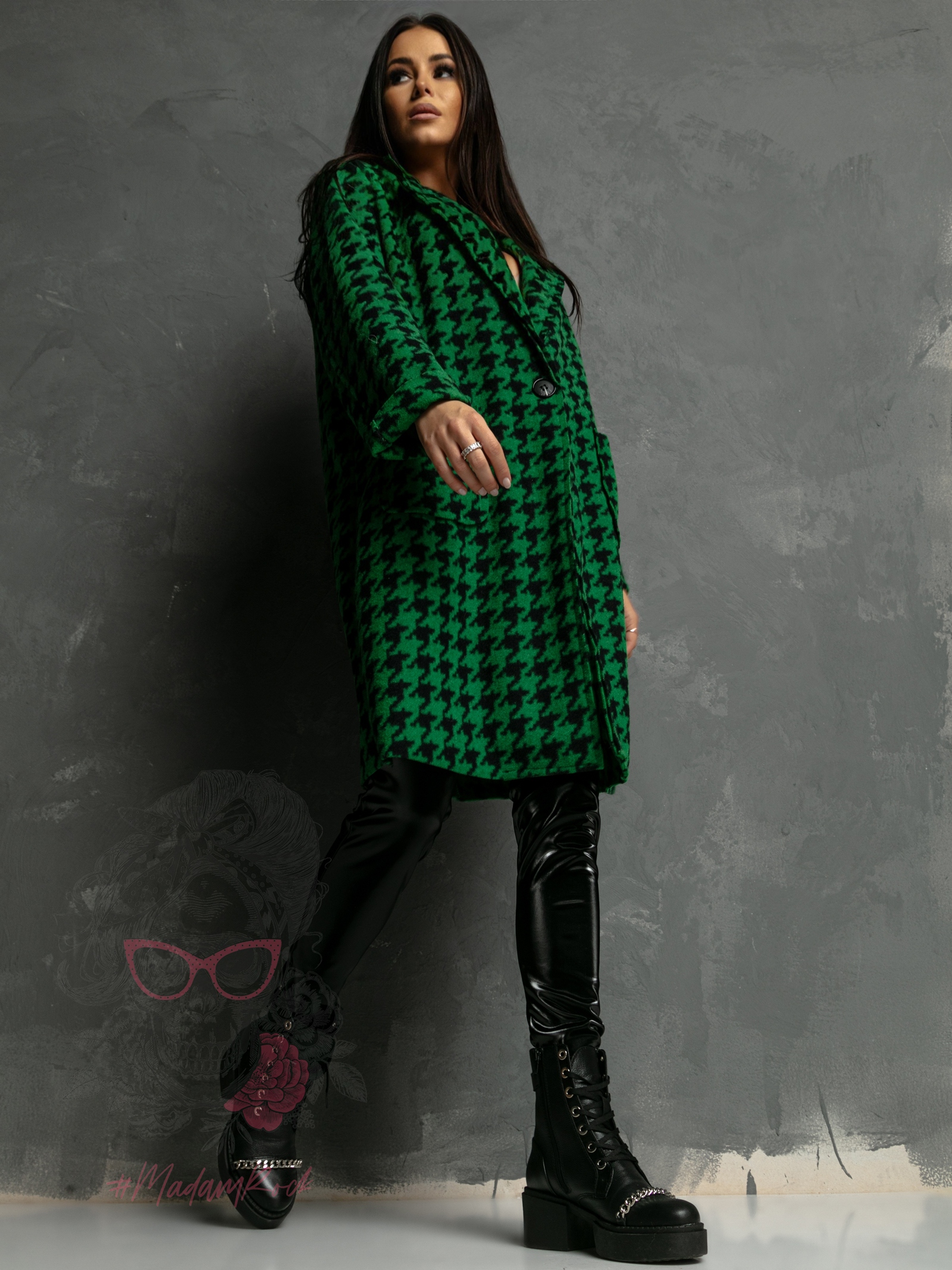 Płaszcz flauszowy Zumen w pepitkę czarno-zielony