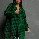 Płaszcz flauszowy Zumen w pepitkę czarno-zielony