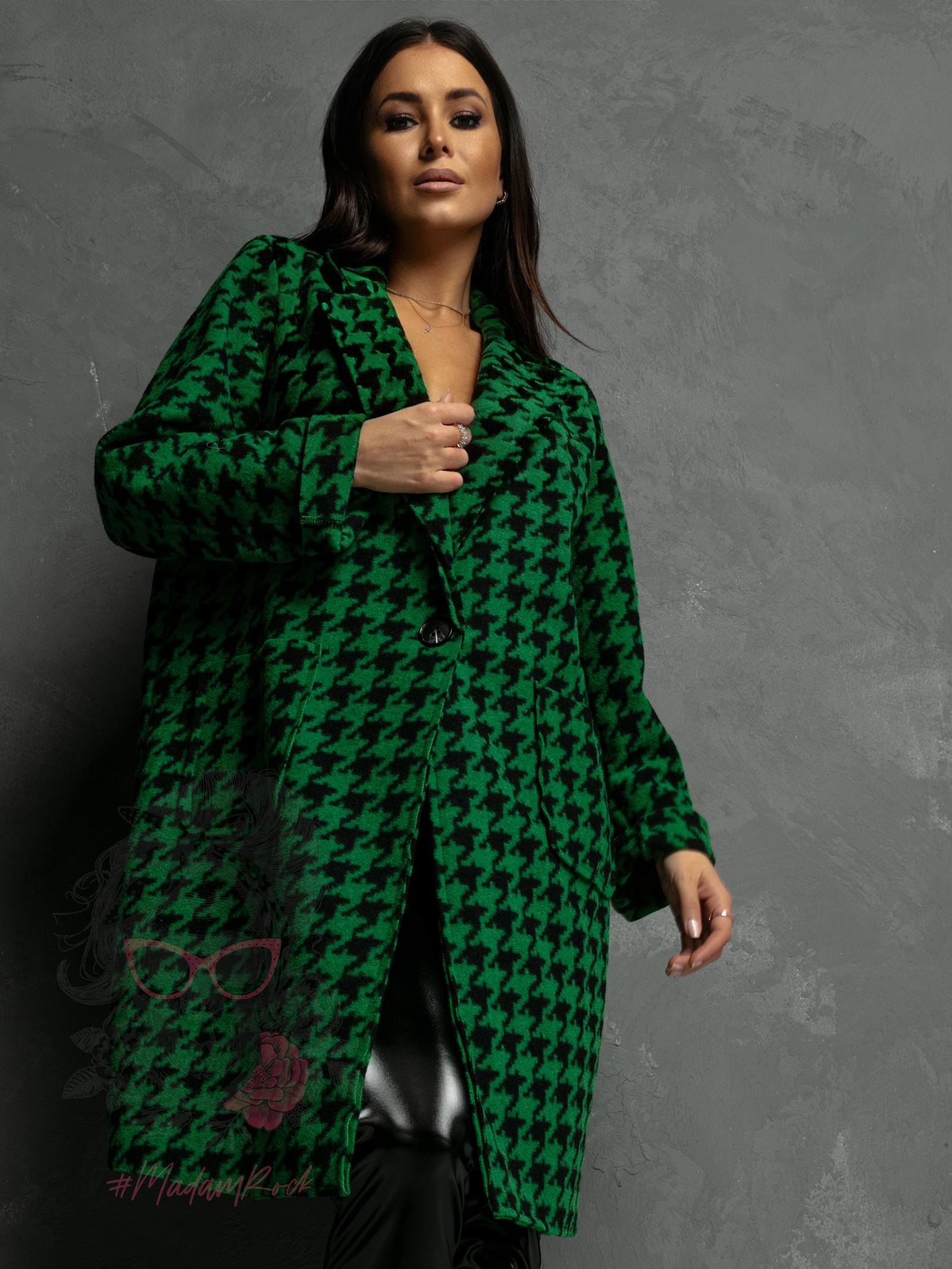 Płaszcz flauszowy Zumen w pepitkę czarno-zielony