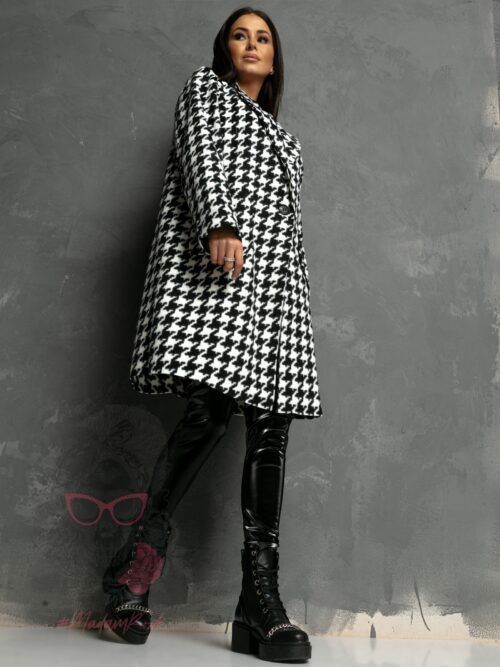 Płaszcz flauszowy Zumen w pepitkę biało-czarny