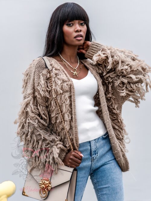 Sweter z frędzlami Marshi ciemny beż