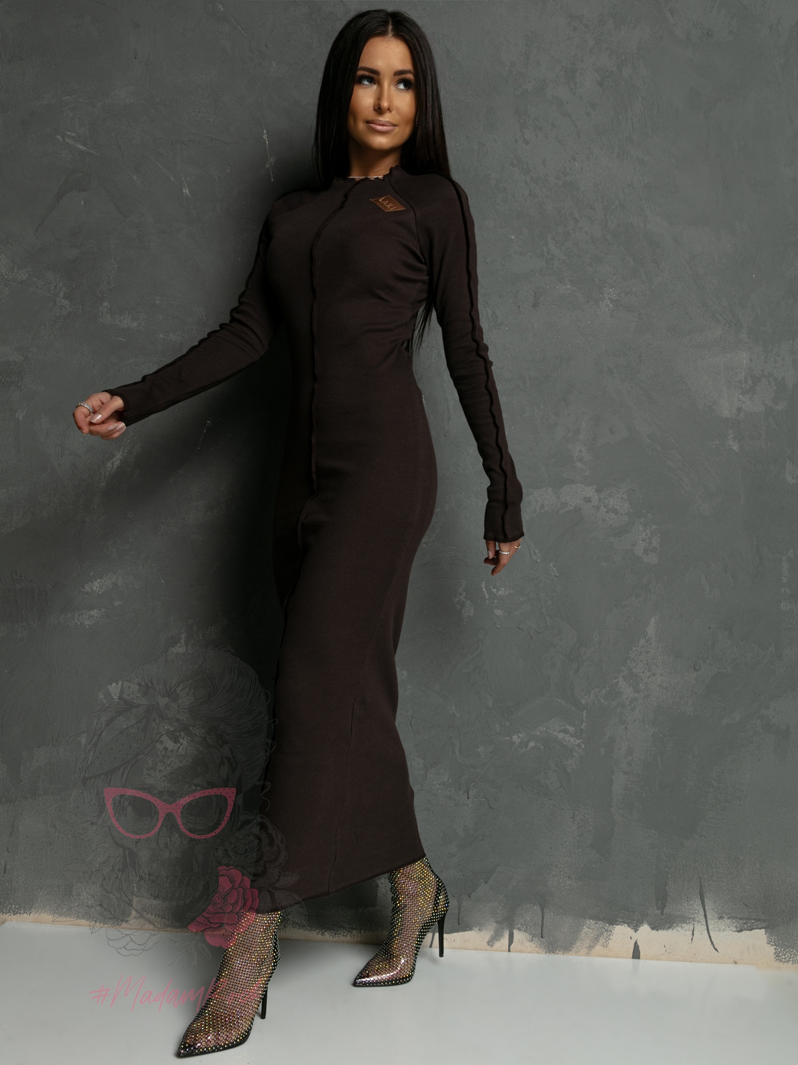 Sukienka prążkowana maxi LA Puntadas brązowa