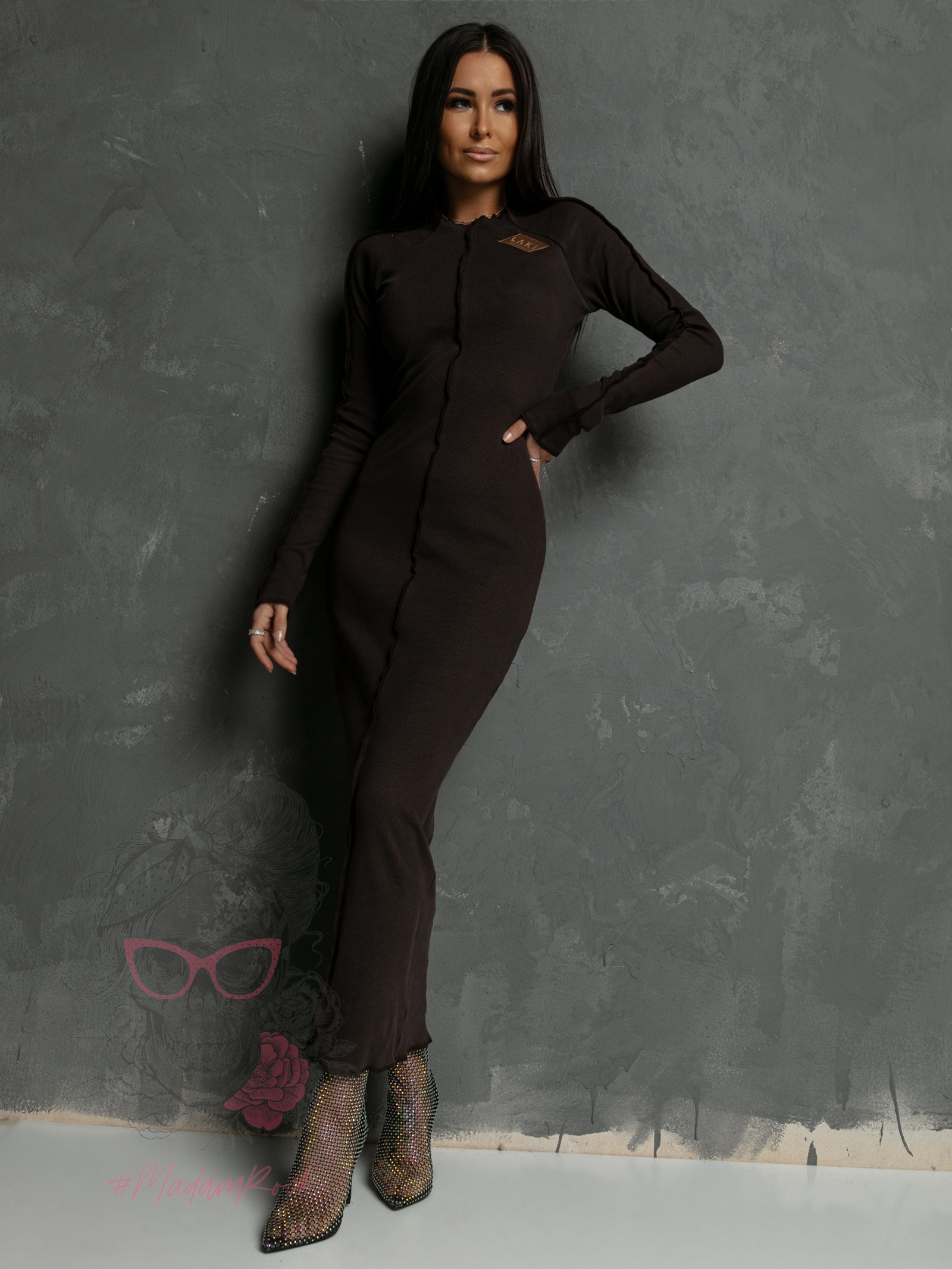 Sukienka prążkowana maxi LA Puntadas brązowa