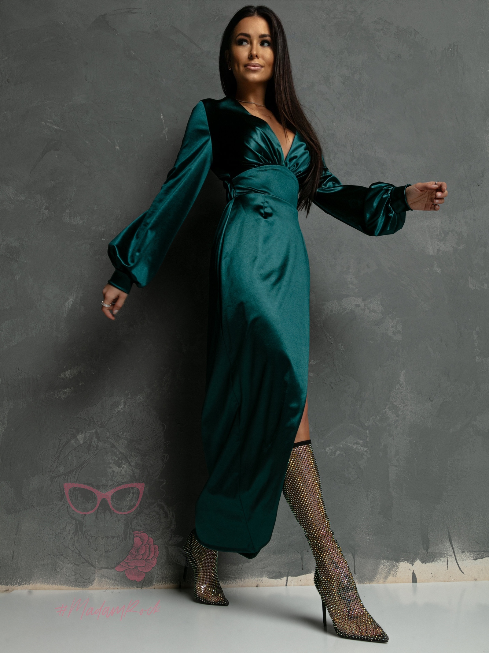 Sukienka satynowa NB Esencja butelkowa zieleń