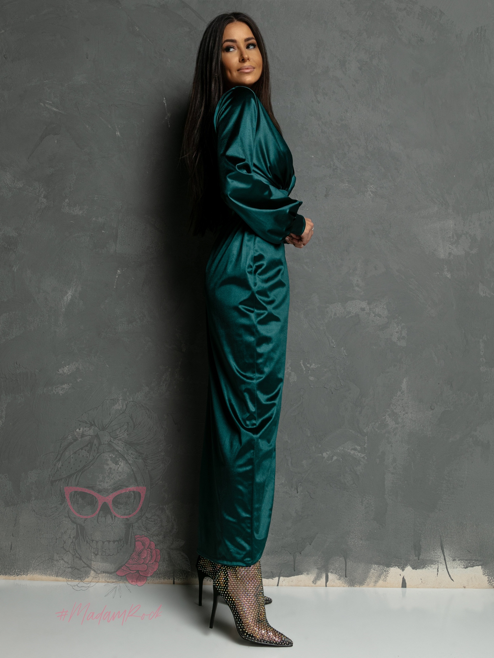 Sukienka satynowa NB Esencja butelkowa zieleń