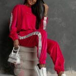 Komplet welurowy Logo Stripe Woman amarantowy