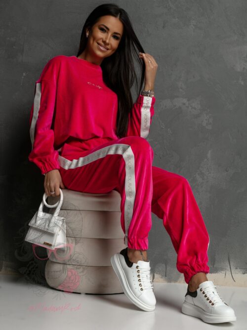 Komplet welurowy Logo Stripe Woman amarantowy